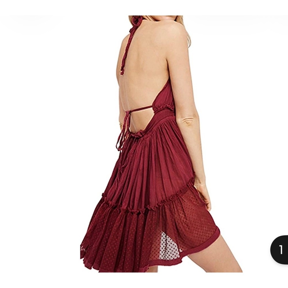 R.Vivimos Halter Mini Dress Womens L Burgundy Deep V Open Back Swiss Dot Boho